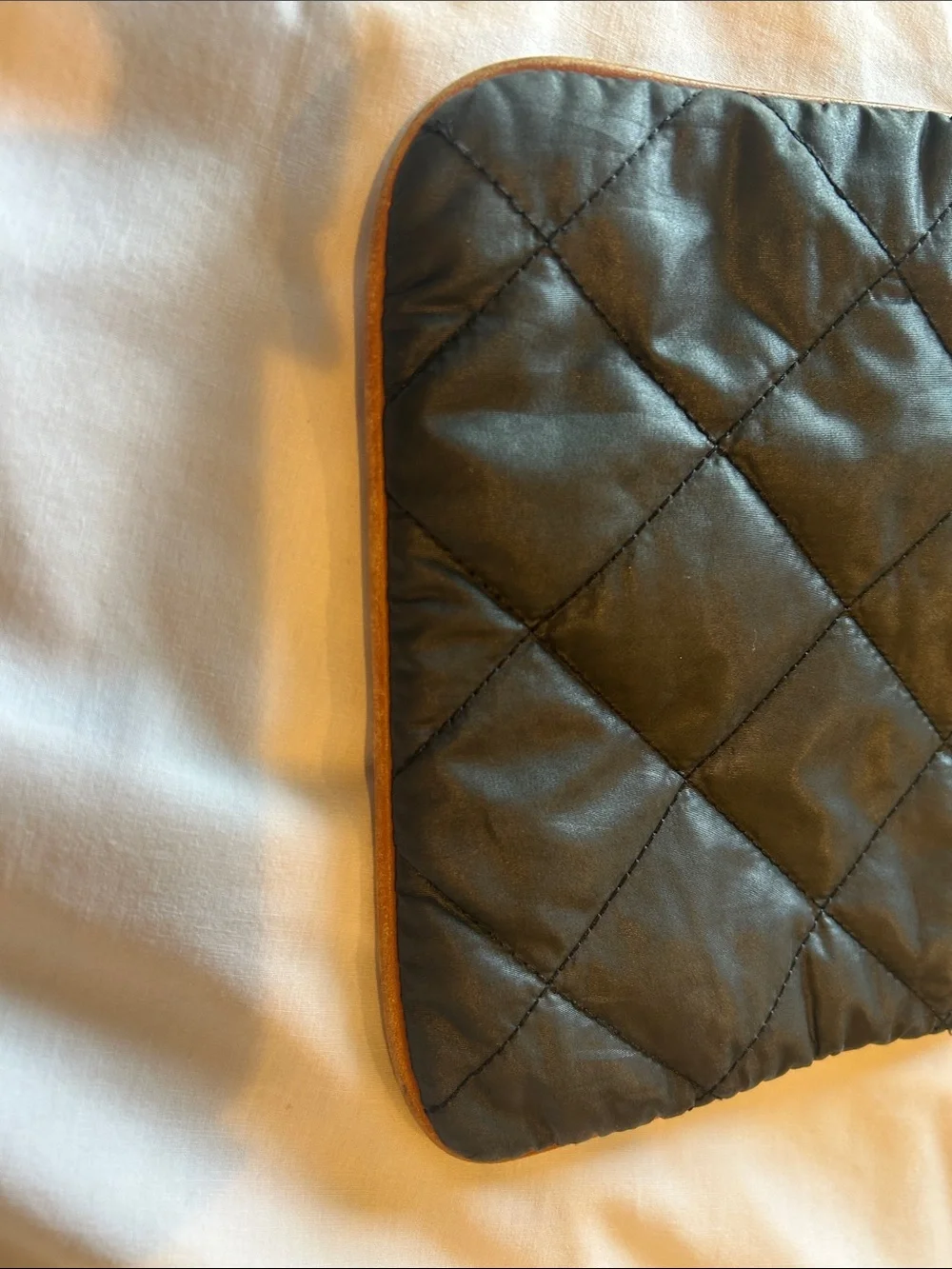 Tory Burch Black Quilted Nylon Crossbody Bag Brown Leather Trim Gold Logo